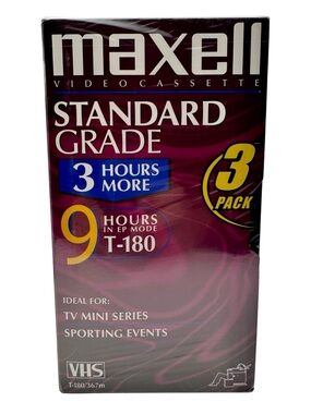 Maxell Standard Grade T-180 VHS Tapes 3 Pack New Sealed Blank Videocassettes NOS